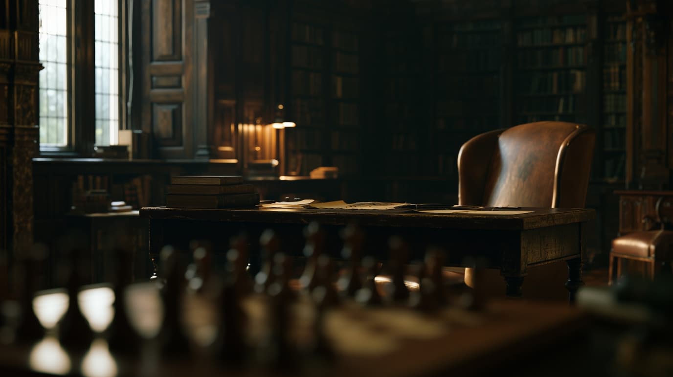 Cabinet d’échecs sombre avec échiquier flouté au premier plan, évoquant la méthode et la régularité du Système de Londres.
