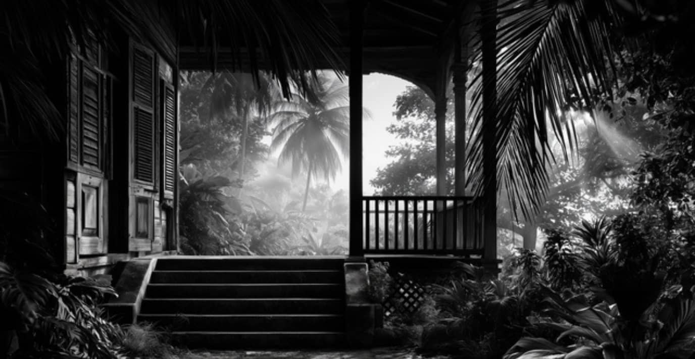 Maison coloniale des Caraïbes en noir et blanc, véranda ouverte sur un jardin tropical évoquant l'univers de la bougie Caraïbes de la collection Essence des Sens.