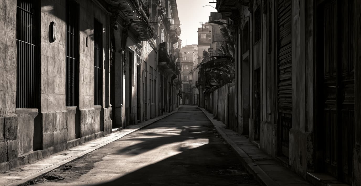 Rue paisible de la vieille Havane en noir et blanc, façades coloniales et lumière de fin de journée évoquant l'univers de la bougie Havane de la collection Essence des Sens.
