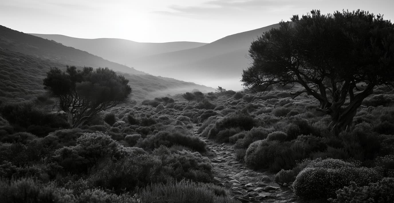 Paysage en noir et blanc d'un maquis méditerranéen avec sentier de pierre, arbustes sauvages et arbres sculptés par le vent, illustrant l'univers olfactif de la bougie Maquis de la collection Essence des Sens de G-HOME.