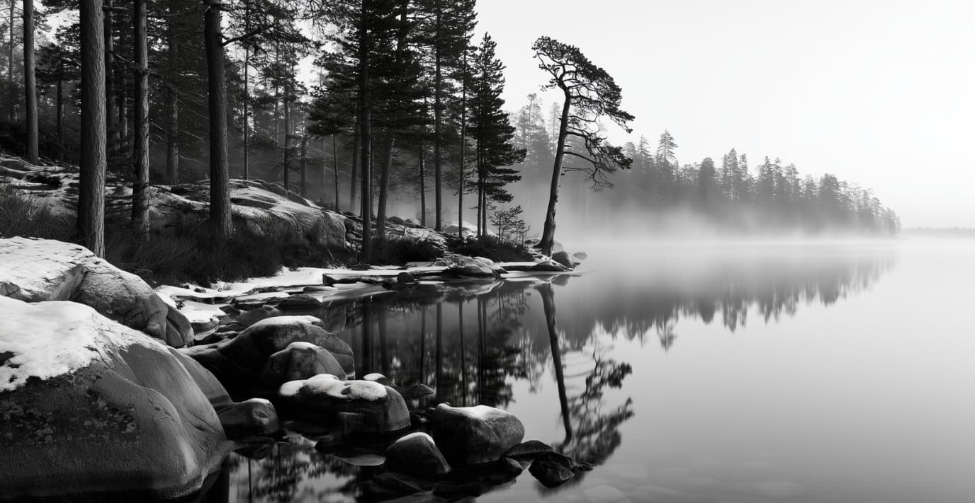 Lac boréal entouré de pins et de rochers enneigés, dans une atmosphère calme et brumeuse évoquant l'univers de la bougie Nordique de la collection Essence des Sens.