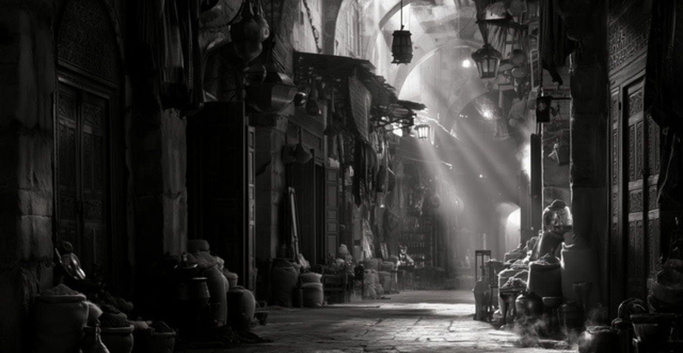 Marché oriental en noir et blanc, ruelles voûtées, lanternes et étals silencieux évoquant l'univers de la bougie Orient de la collection Essence des Sens.