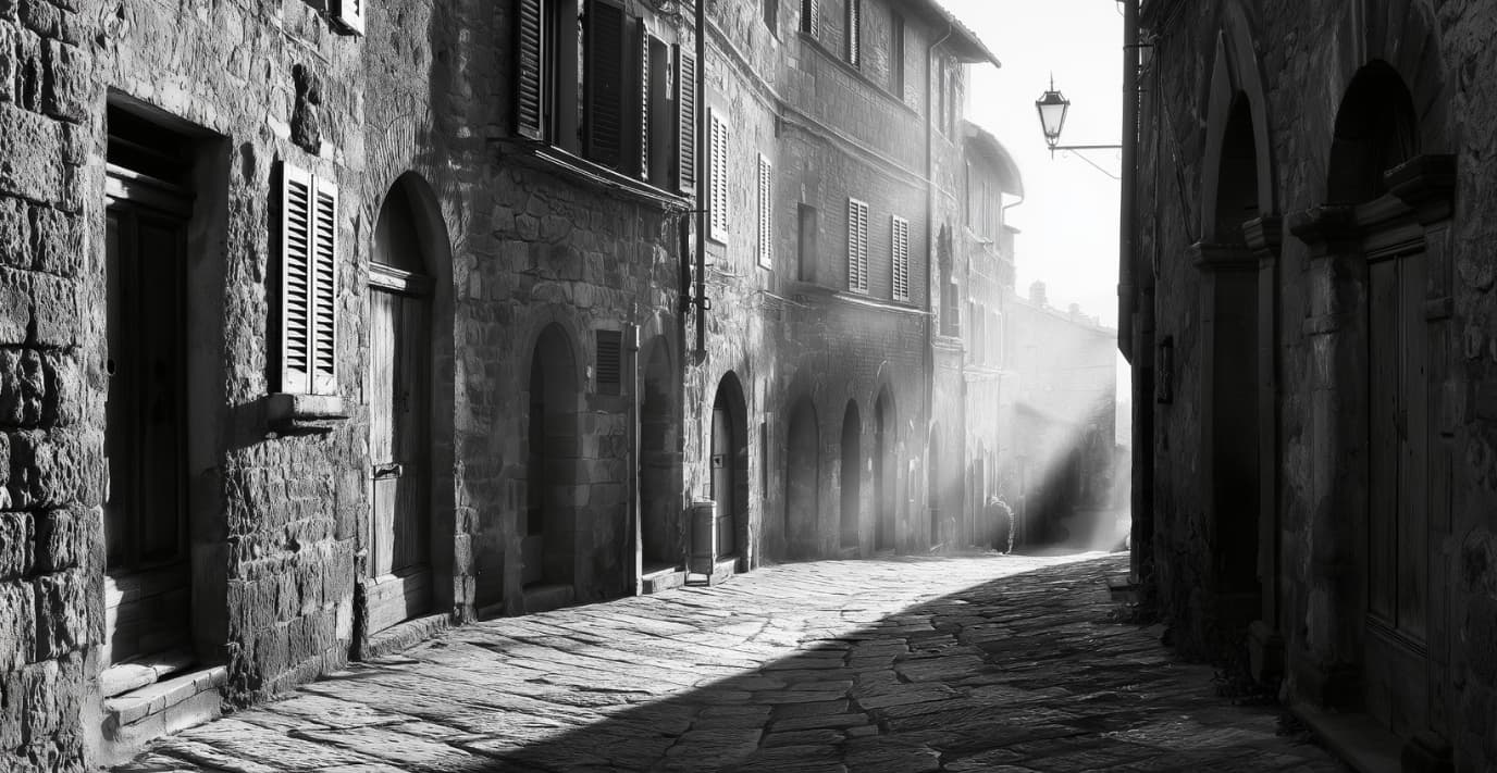 Village toscan en noir et blanc, ruelles pavées et façades de pierre évoquant l'univers de la bougie Toscane de la collection Essence des Sens.