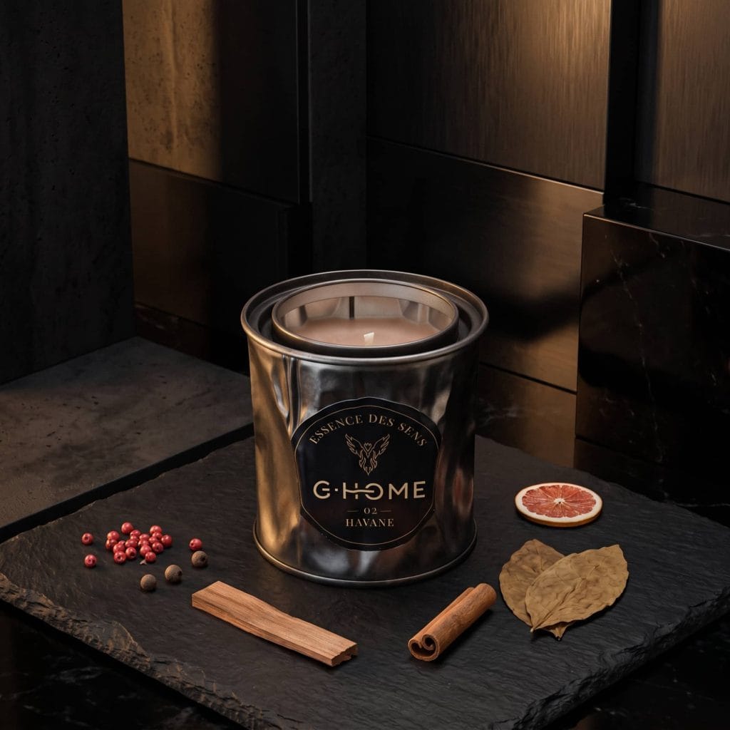 Bougie artisanale Havane entourée de poivre, canelle, tabac, illustrant les notes aromatiques de la collection Essence des Sens de G-HOME.