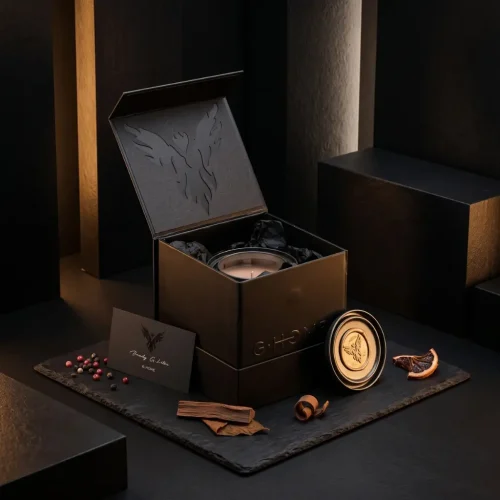 Coffret Premium Havane comprenant une bougie artisanale, un écrin magnétique noir, une carte Brady G. Liten et des ingrédients aromatiques de la collection Essence des Sens de G-HOME.