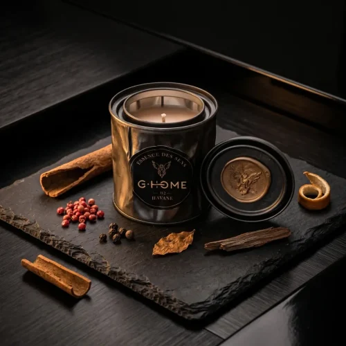 Bougie artisanale Havane de la collection Essence des Sens dans son contenant en métal noir, accompagnée de baies roses, cannelle, tabac et ambre.