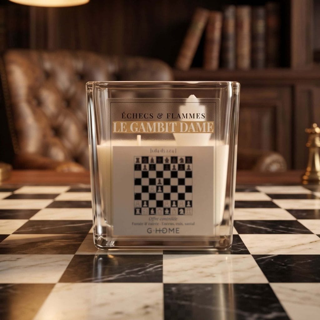 Le Gambit Dame dans une ambiance élégante inspirée des ouvertures d’échecs avec échiquier en marbre dans l’univers G-HOME.