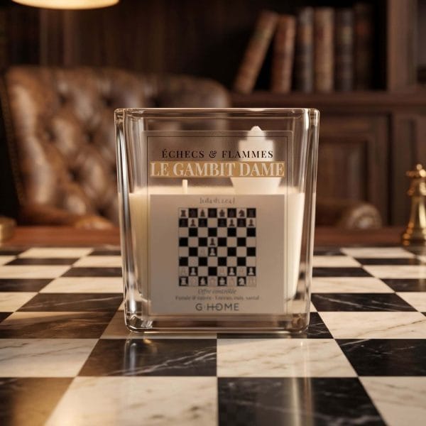 Le Gambit Dame dans une ambiance élégante inspirée des ouvertures d’échecs avec échiquier en marbre dans l’univers G-HOME.