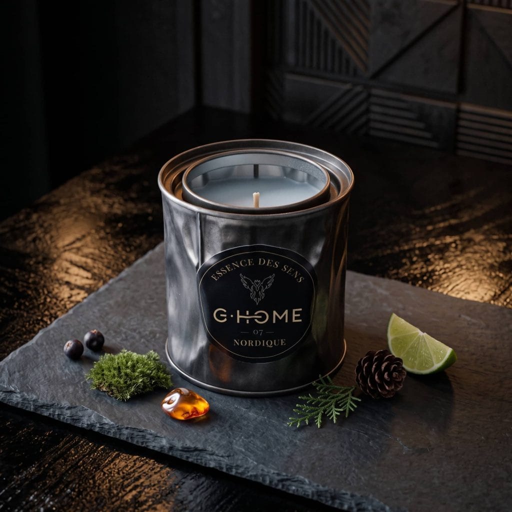 Bougie artisanale Nordique entourée de baies, pin, citron, illustrant les notes aromatiques de la collection Essence des Sens de G-HOME.