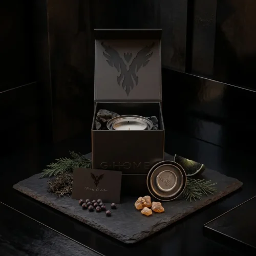 Coffret Premium Nordique comprenant une bougie artisanale, un écrin magnétique noir, une carte Brady G. Liten et des ingrédients aromatiques de la collection Essence des Sens de G-HOME.