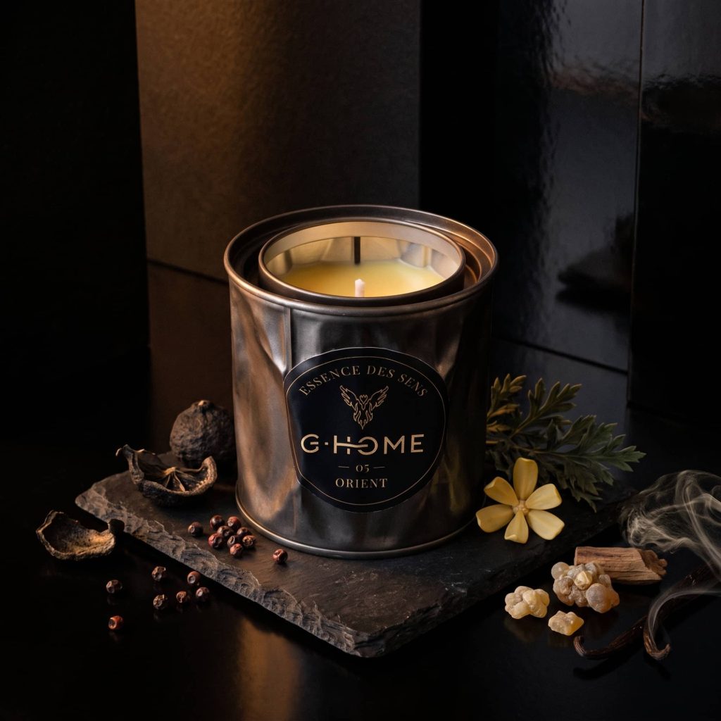 Bougie artisanale Orient de la collection Essence des Sens dans son contenant en métal noir, accompagnée de bergamote, encens, oud et bois de santal.