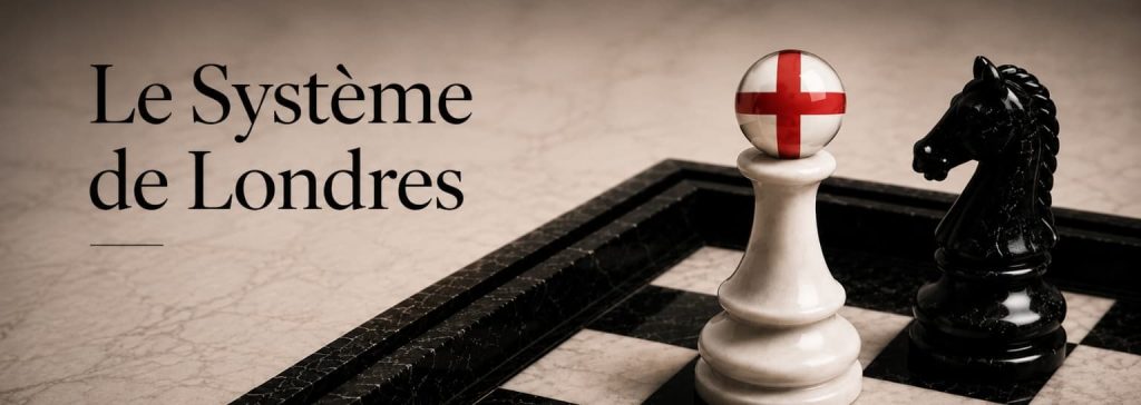 Système de Londres représenté par un pion blanc aux couleurs de l’Angleterre sur un échiquier noir et blanc.