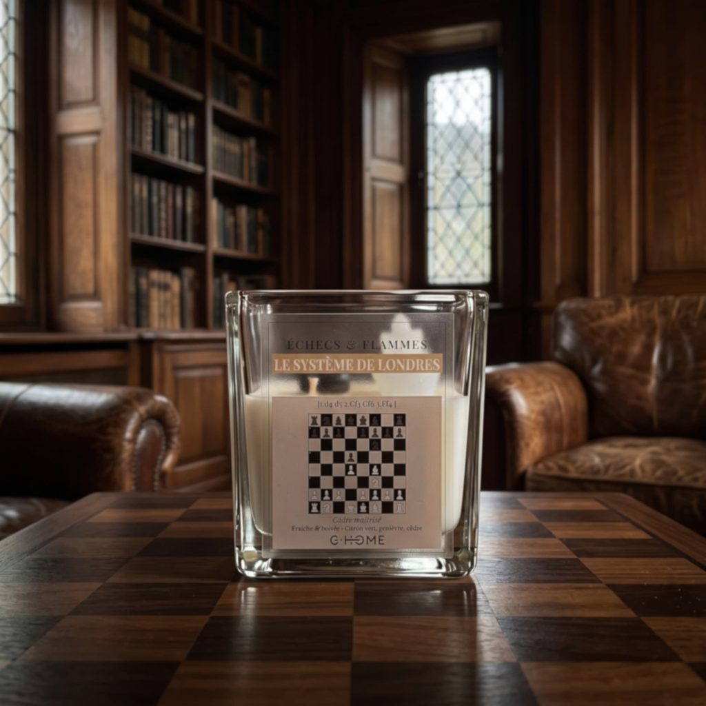 Bougie Système de Londres sur un échiquier en bois sombre, dans un cabinet d’étude aux boiseries anciennes et à la lumière tamisée.
