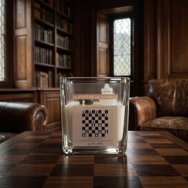 Bougie Système de Londres sur un échiquier en bois sombre, dans un cabinet d’étude aux boiseries anciennes et à la lumière tamisée.