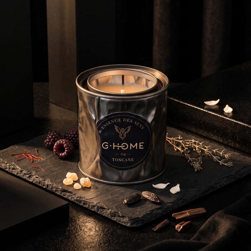 Bougie artisanale Toscane de la collection Essence des Sens dans son contenant en métal noir, accompagnée de safran, jasmin, cuir et bois de santal.