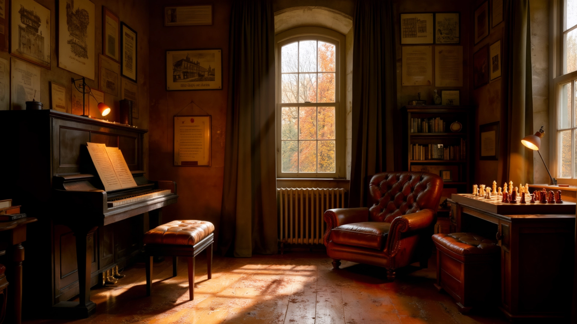 Pièce chaleureuse et élégante avec fauteuil en cuir, piano et échiquier dans l’univers G-HOME