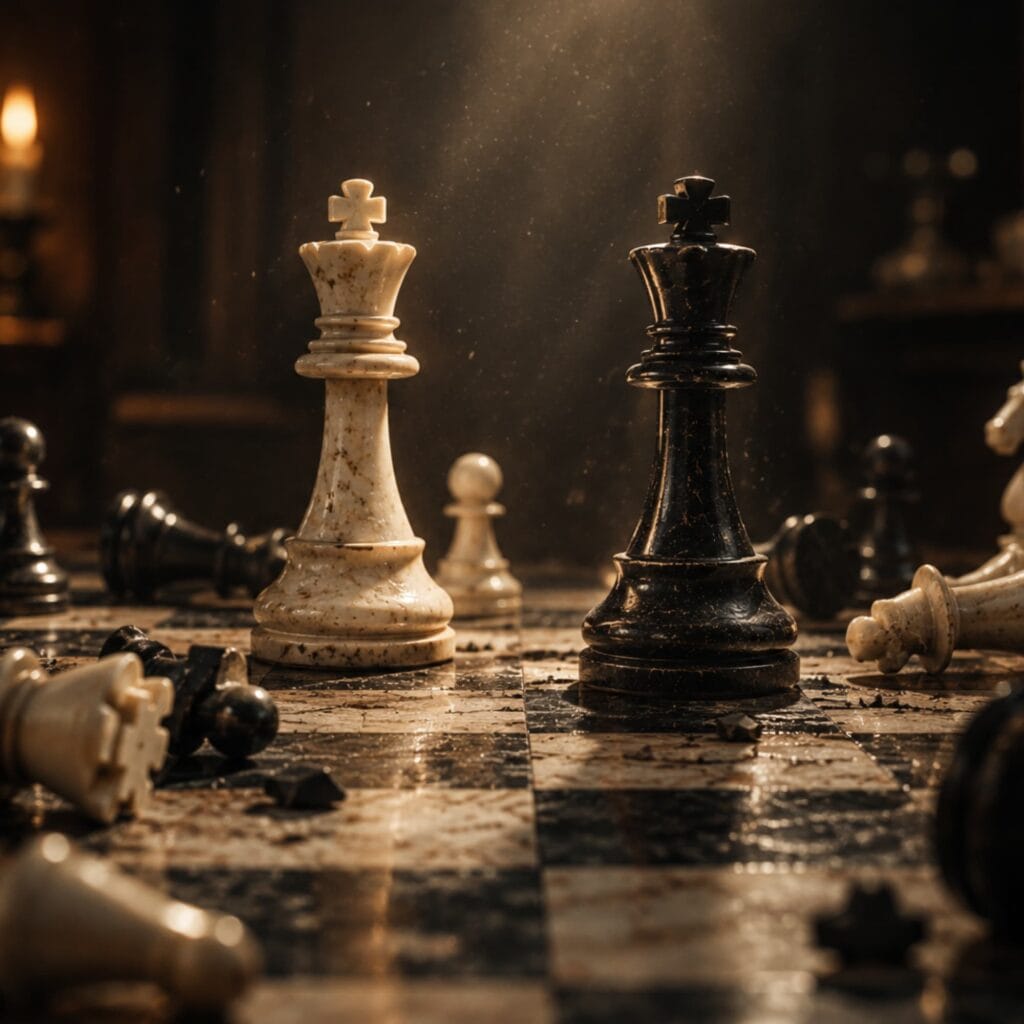 Rois noir et ivoire encore debout parmi des pièces tombées sur un échiquier, évoquant une partie indécise et la tension d’Échecs & Flammes.