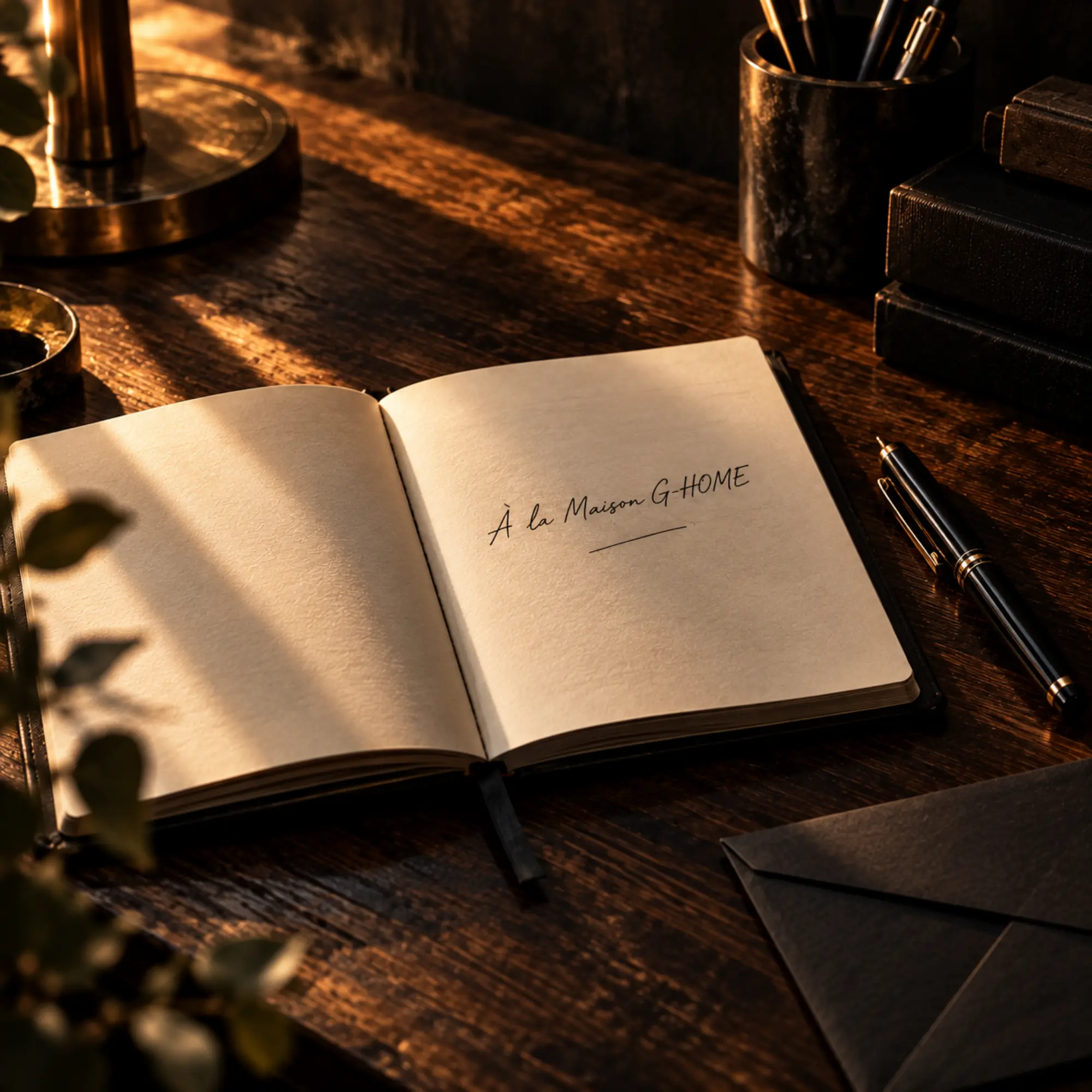 Carnet ouvert et stylo sur un bureau, univers de la Maison G-HOME