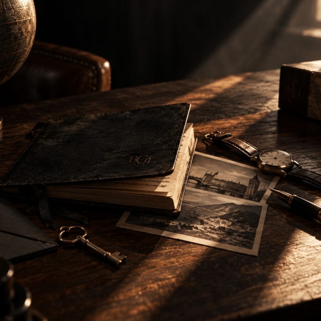 Carnet, photographies anciennes, montre et objets de voyage sur le bureau de Brady G. Liten, évoquant les fragments de son histoire dans Pages Noires.