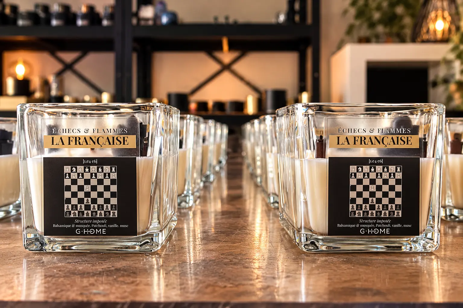 Bougies La Française de la collection Échecs & Flammes, fabriquées artisanalement par G-HOME pour la Ville de Puteaux.