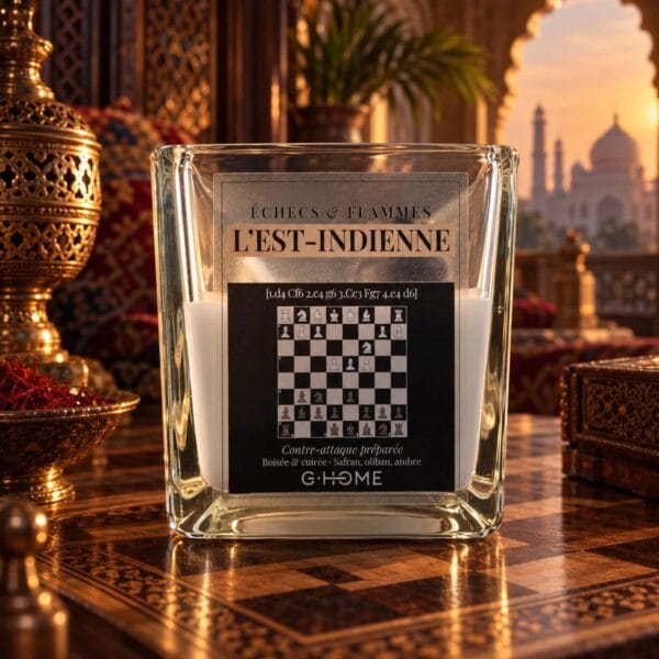 Bougie L’Est-Indienne sur un échiquier en bois sombre, dans un salon d’inspiration indienne aux boiseries sculptées et à la lumière dorée.