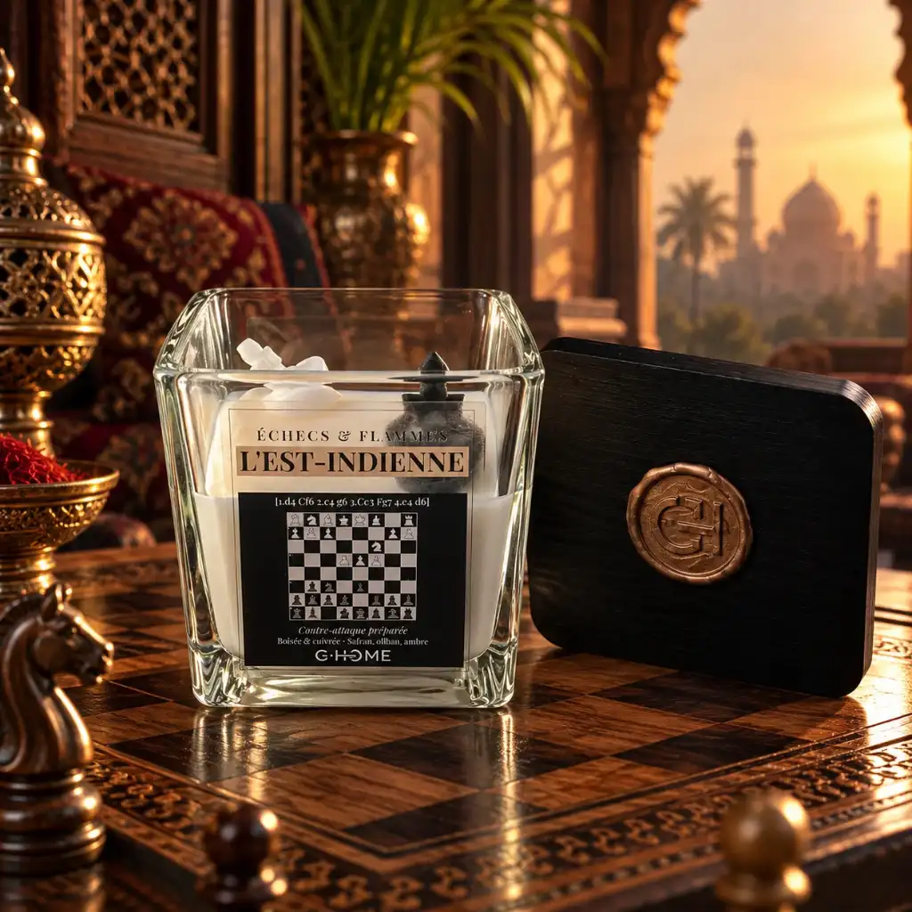 L’Est-Indienne en version Essentielle avec contenant en verre et couvercle noir sur un échiquier en bois dans l’univers G-HOME.
