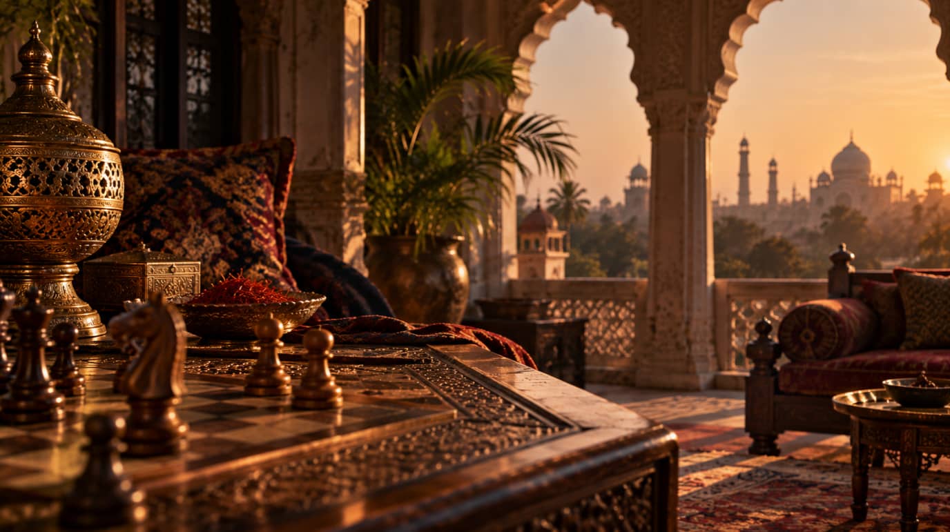 Salon d’inspiration indienne avec échiquier au premier plan, évoquant la tension et la contre-attaque préparée de L’Est-Indienne.
