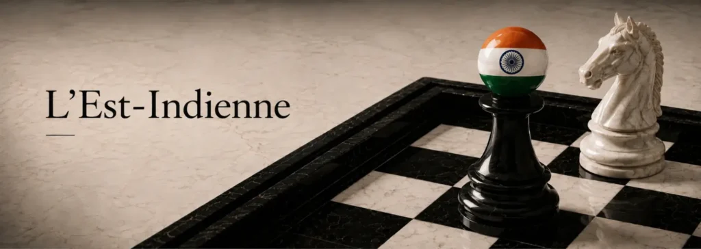 Bandeau illustrant l’ouverture Est-Indienne aux échecs avec un pion noir en marbre surmonté du drapeau indien face à un cavalier blanc, inspirant la création L’Est-Indienne de la collection Échecs & Flammes de G-HOME.